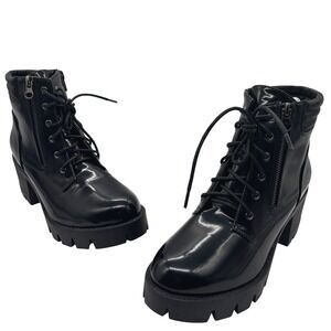 NEW Allegra K Ankle Boots Womens 8.5 Black Lace Up Side Zip Chunky Heel Platform